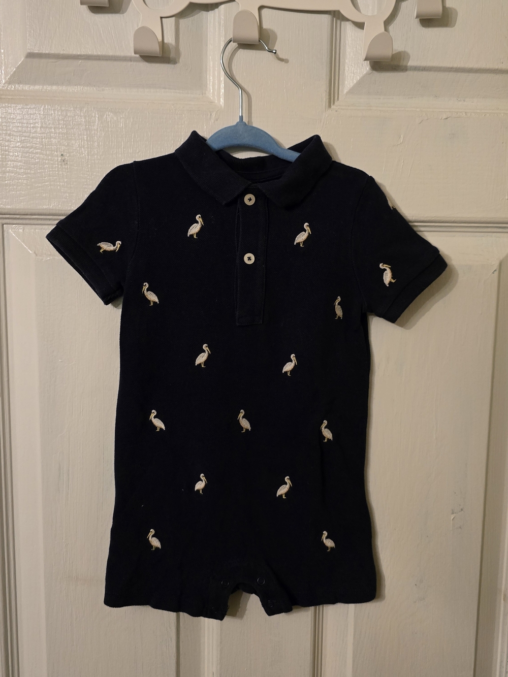 Ralph Lauren Navy Polo Romper with White Embroidered Pelicans